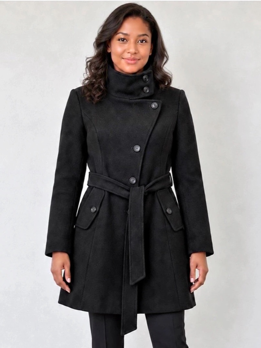 DKNY Black Belted Wool Blend Coat – Size 10